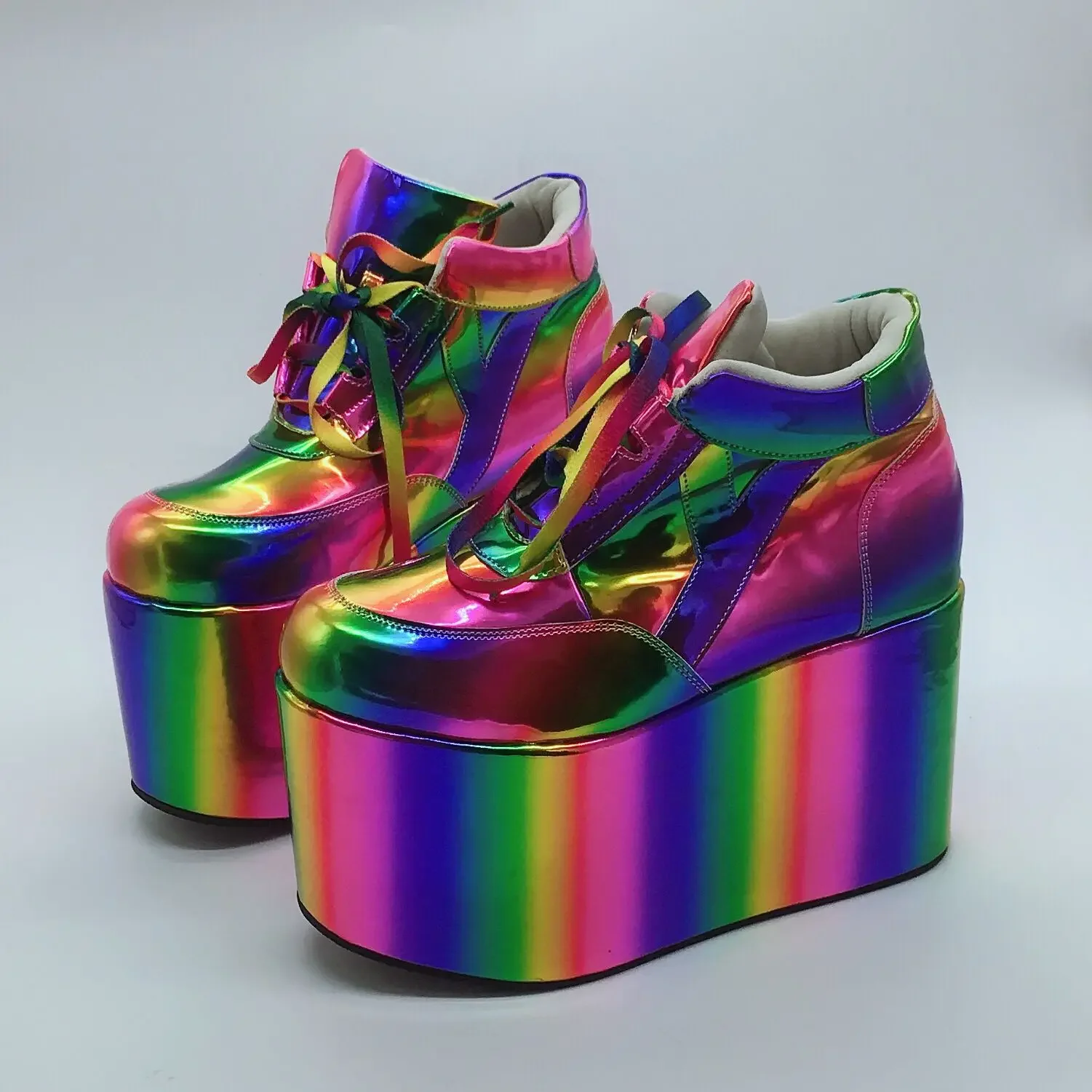 Women Laser Rainbow Colors Platform Round Toe Ankle Boots Patent Leather Super Wedge High Heel Lace Up Knight Punk Shoes Plus Sz