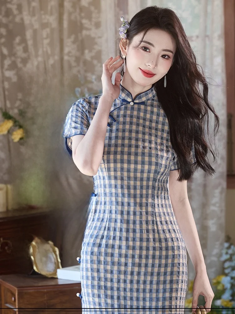 

Новинка 2025: Улучшенное художественное платье для подростков из эластичного хлопка и льна в клетку, в стиле Шанхайского пляжа, для студенток, Сучжоу