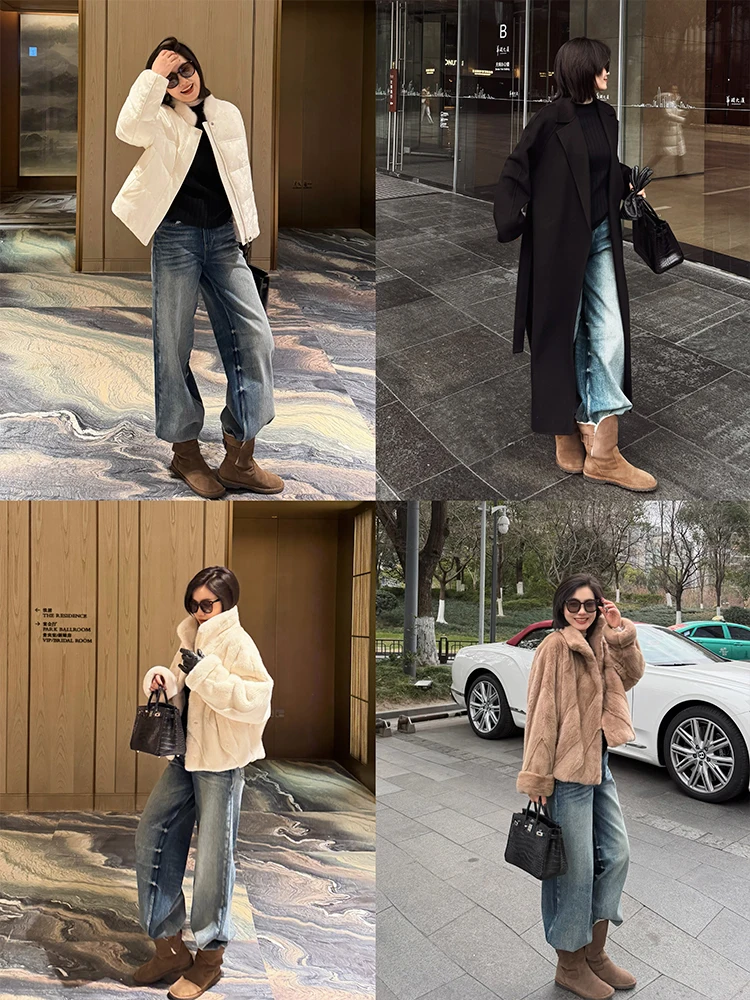 

Женские повседневные джинсы Meng с высокой талией, широкими штанинами, из чесаного хлопка, прямого кроя, в ретро-стиле, для осенне-весеннего сезона, синий деним