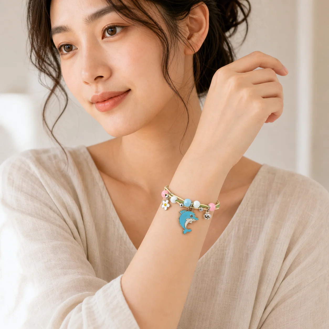 Blue Dolphin Handmade Ceramic Bracelet with Waxed Cord Braiding and Alloy Charm Ocean Inspired Jewelry 608P6-06