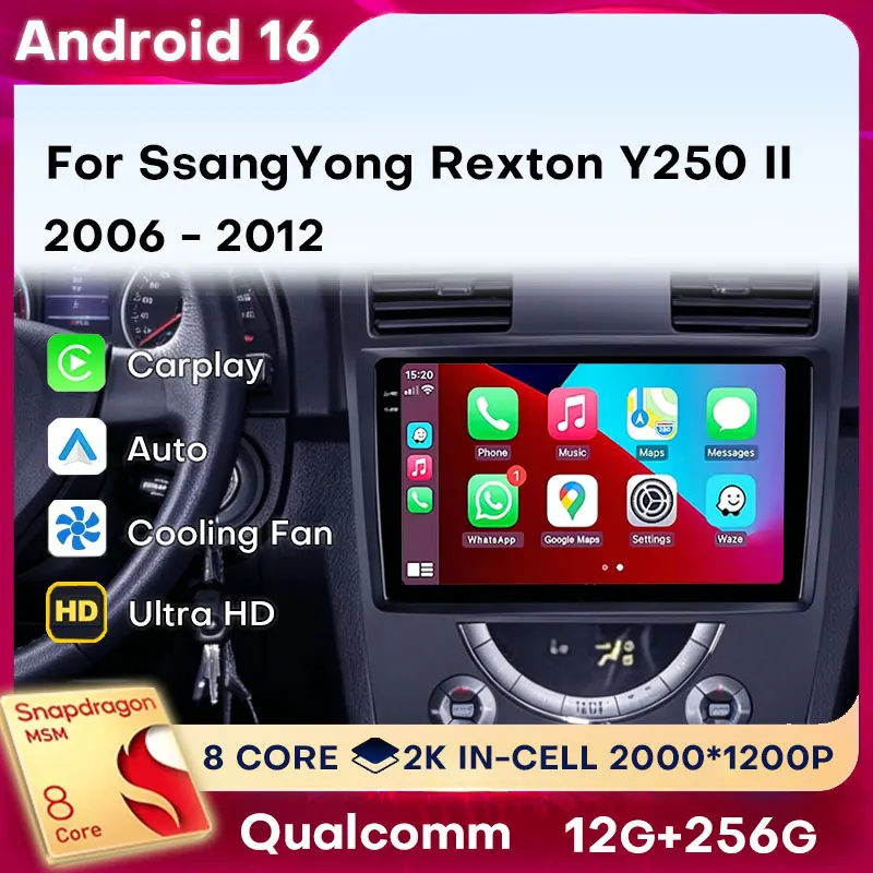 Android 16 Carplay For SsangYong Rexton Y250 II 2 2006 2007 2008 2009-2012 Car Radio Navigation Player Auto 4G LTE 5G WIFI Video