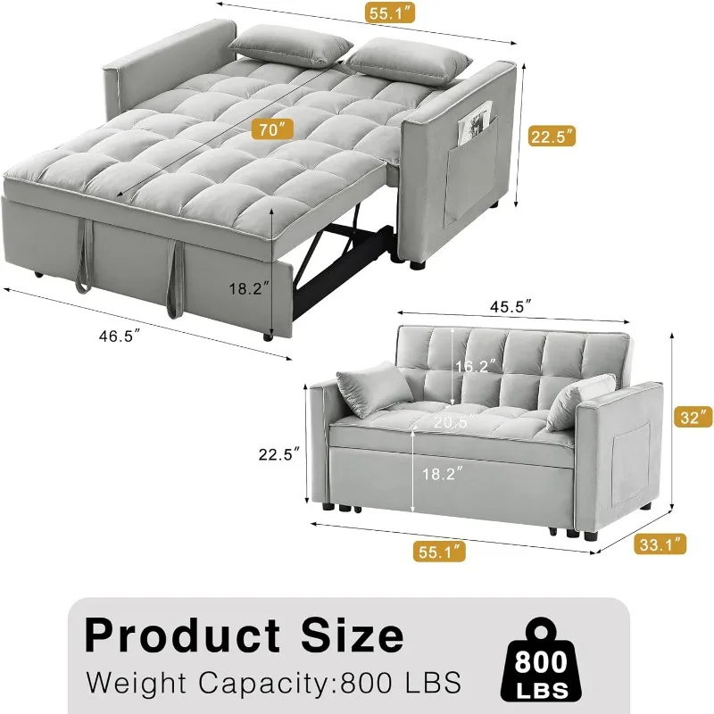 3 in 1 Convertible Sleeper Sofa Bed, Futon Couches for Living Room with Side Pocket | Adjustable Backrest | Velvet Fabric