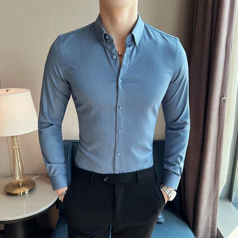 

Longsleeve Shirts for Men Spring New High Quality Business Casual Stretch Slim Fit Solid Color Formal Shirts Mens Clothing