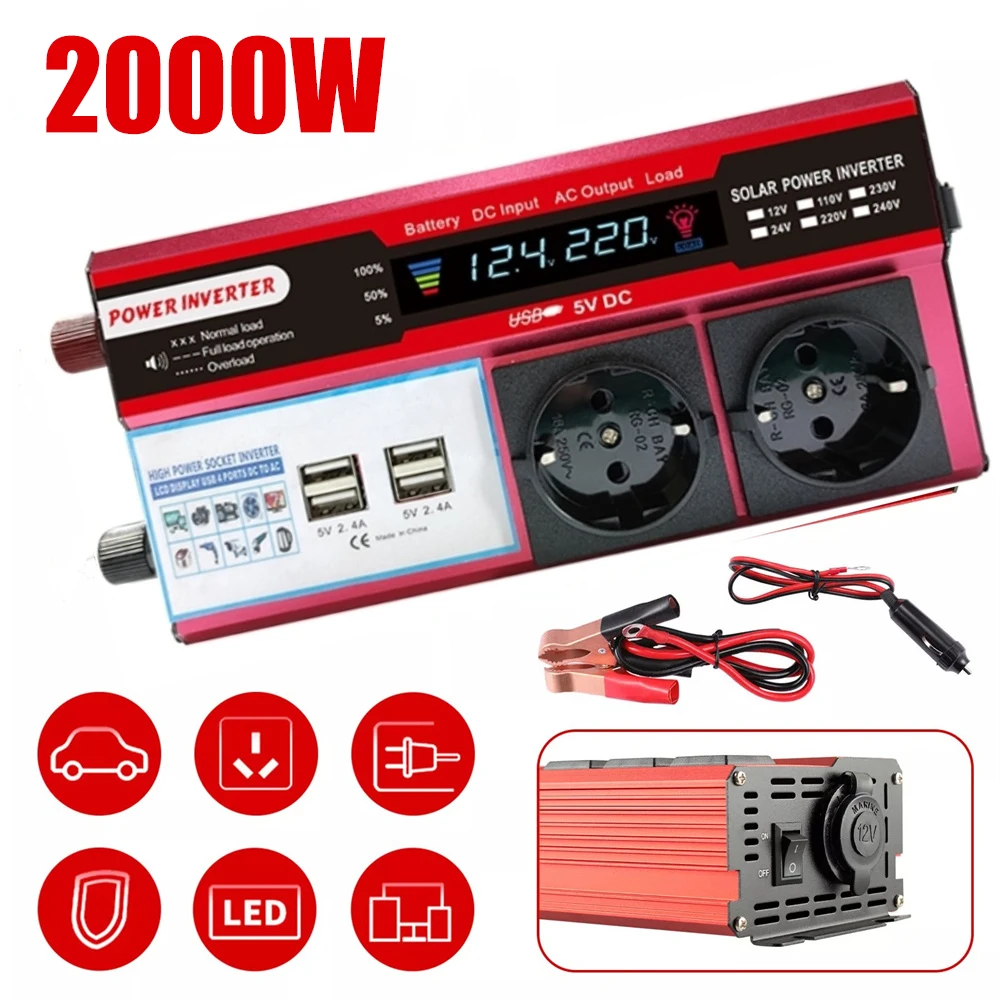 

Инвертор 12 В 220 В Pure Sinewave 2000 Вт инвертор мощности 230 В трансформатор + 4 USB разъема для розетки ЕС дисплей для RV телефона автомобиля