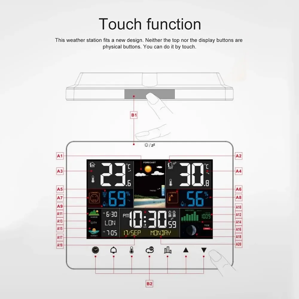 Multifunction Weather Station Alarm Clock Thermometer Hygrometer Touch Screen Wireless Sensor Sunrise Sunset Hygrothermograph