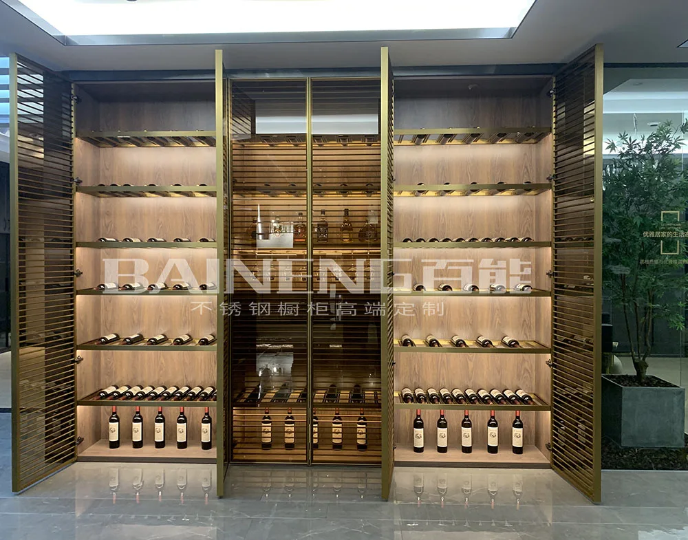 Aço inoxidável Wine Cellar Display Cabinet, LED Móveis, Bar e Restaurante