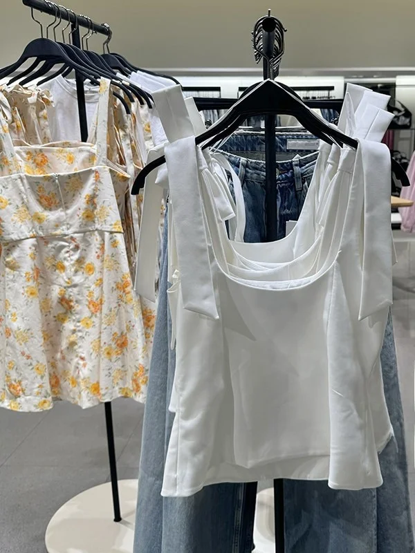 Spring New Sweet Sle Women's Top  Knot Decoration Square Collar Vest ort Length Faionable Casual Wear