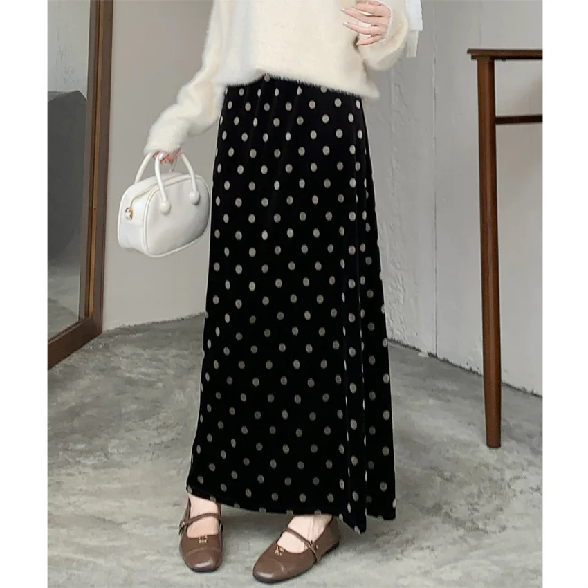 Gowyimmes 2025 New Big Size Vintage Fashion Women Midi-Long Gold Velvet Skirt Slim Lady Black Dot Skirts Split Bottomings PD1835