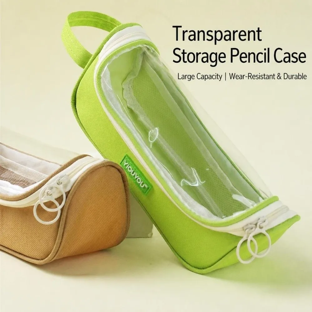 Transparent Window Pencil Case Circle Ring Zipper Large Capacity Stationery Storage Bag Reinforced Carry Handle