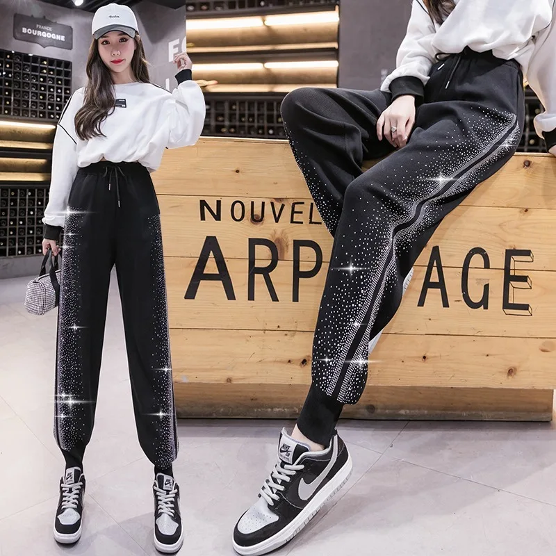 

Chic Women's Casual Harem Pants Design Fashion Rhinestones Black High Waist Wide Leg Autumn Winter 2022 New Sports Trous