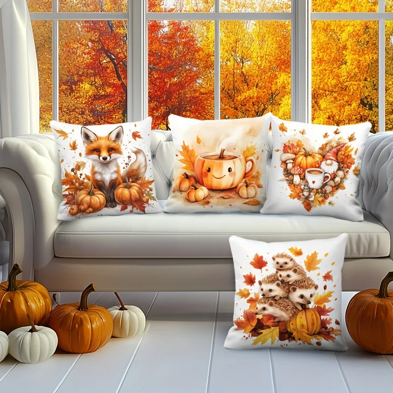 4pcs, Autumn Thanksgiving Pillow Covers - Rustic Farmhouse Decor, Pumpkin, Fox And Hedgehog Patterns - Polyester, Zipper Closure