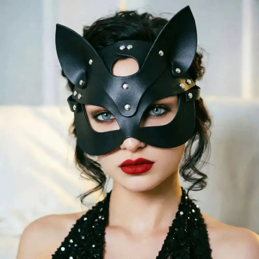 Creative Solid Color Halloween Mask Animal Ears Mask Masquerade Mask PU Leather Mask Face Cover Alloy Half Face Mask Men