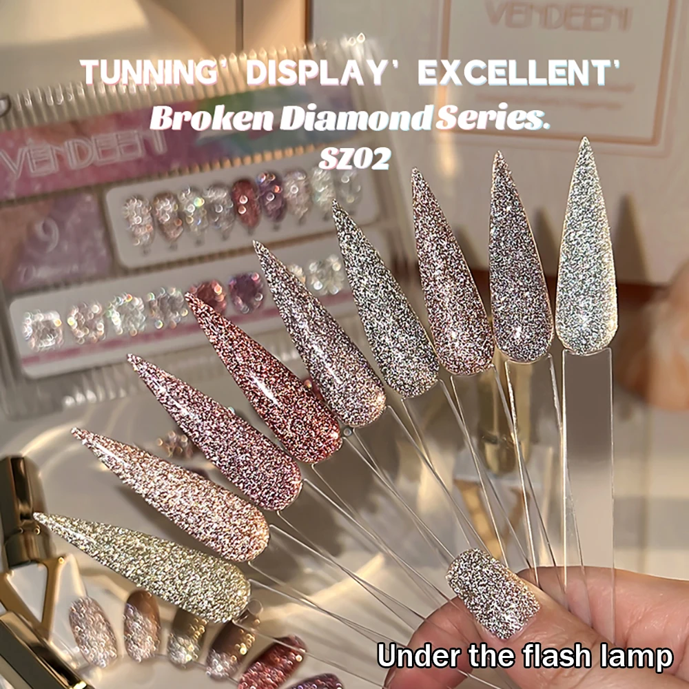 Vendeeni 9 Farben/Set Glitzer-Broken-Diamond-Gel-Nagellack TPO HEMA-FREI Glänzender Sternenhimmel UV-Soak-Off-Gel-Lack mit Display – Detail 12