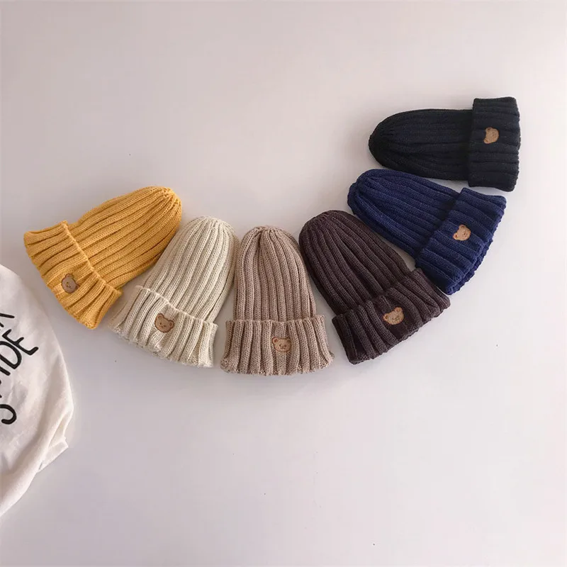 

Winter Embroidery Bear Knitted Baby Hat Cartoon Children Beanie Crochet Warm Kids Caps For Boys Girls