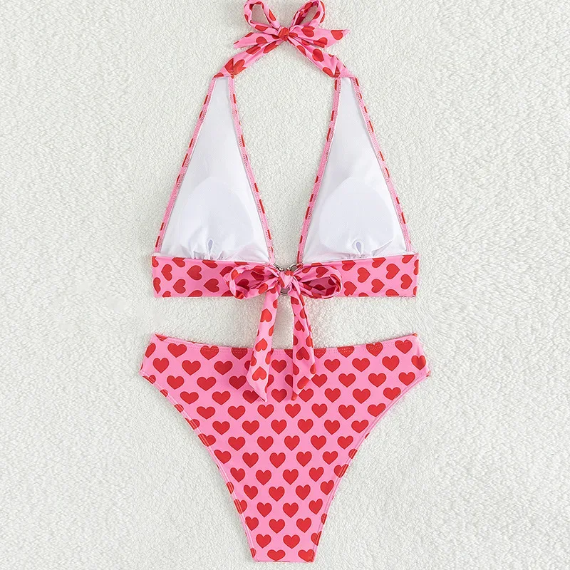 Love Heart Print 2 Piece Swimsuit for Women,2 Piece Hollow Out Ring Bikini,high Waist V-neck Halter Backless Swimwear 2024 New