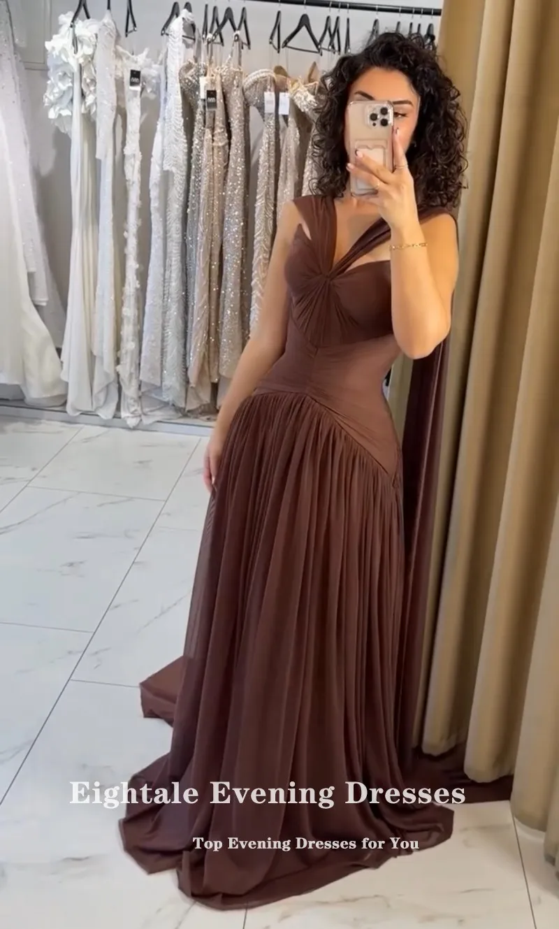 Eightale Arabic Evening Dress Halter Pleats Chiffon A-Liine Brown Muslim Sexy Prom Wedding Party Gown