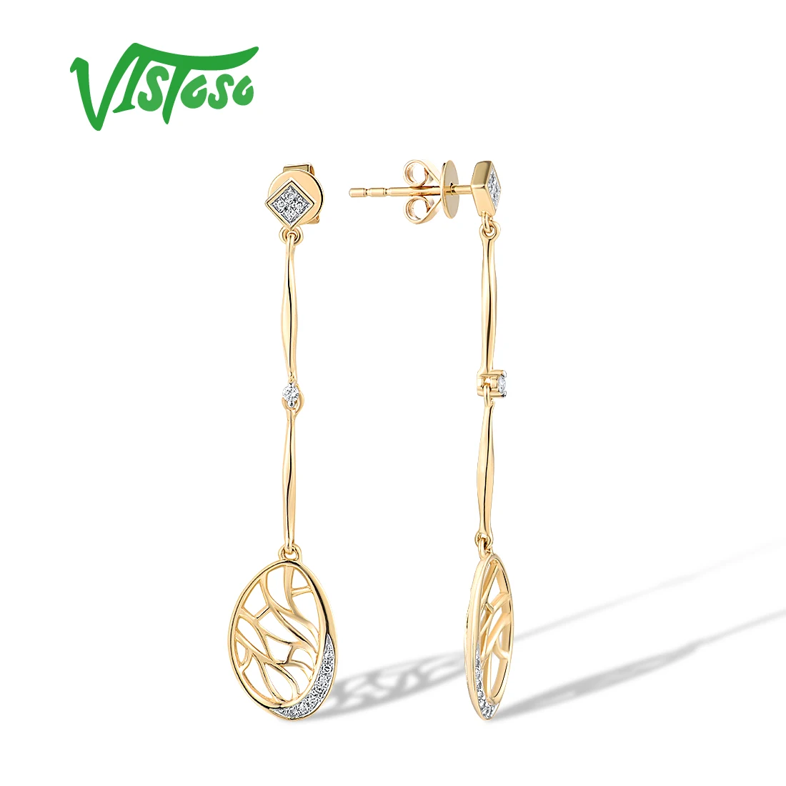 VISTOSO Real 14K 585 Yellow Gold Earrings For Women Sparkling Diamonds Dangling Unique Wedding Engagement Gifts Fine Jewelry