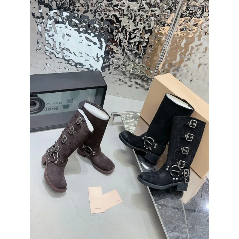 

2022 Autumn and Winter New High-end Suede Boots Motorcycle Trendy Fashion High-top Women Shoes Brown Black