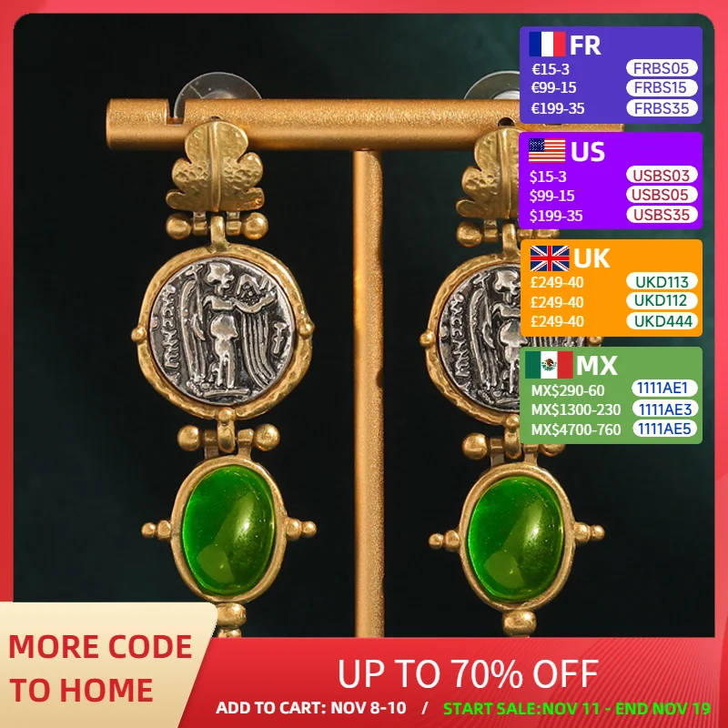 

Vintage Emerald Green Oval Natural Stone Dangle Earrings Pendant Gold Color Coin Antique Jewelry for Woman Accessories Luxury