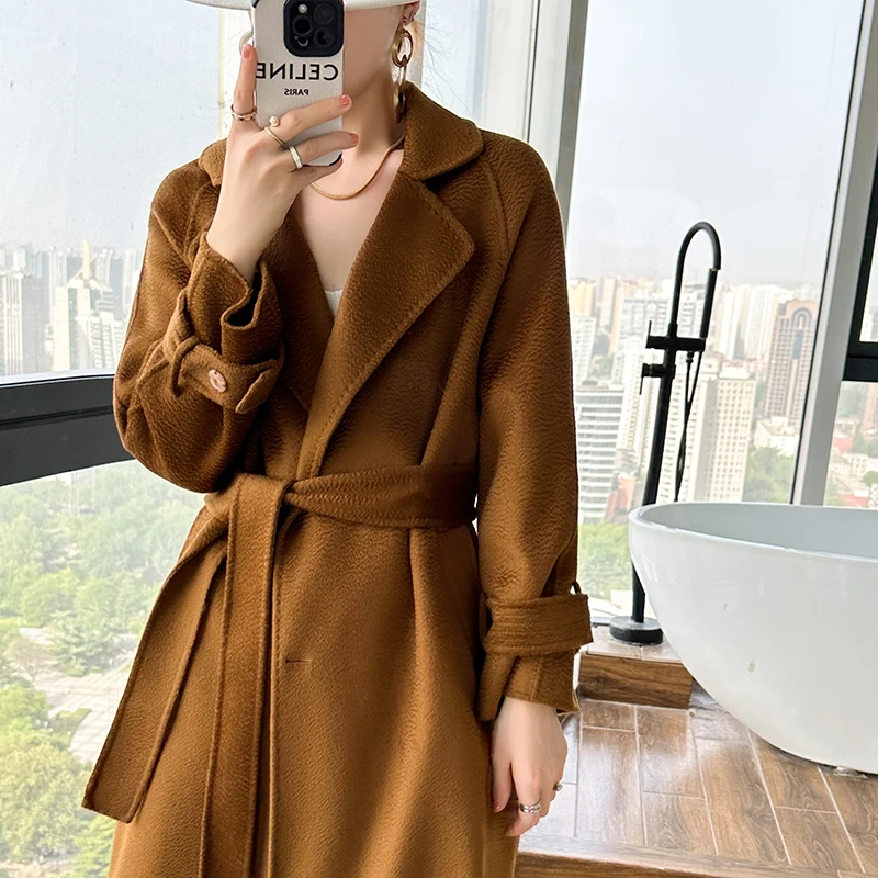 

Hand-sewn Trendy Best-selling Coats 100% Wool Women's Coats Thickened Lantern Sleeves Fashion Belts Double-sided Nizi Coats