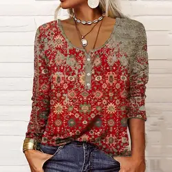 Ethnic Bohemian T-shirt Women's Autumn Winter V Neck Casual Vintage Long Sleeve TopsButton Printed Pullover New Shirt