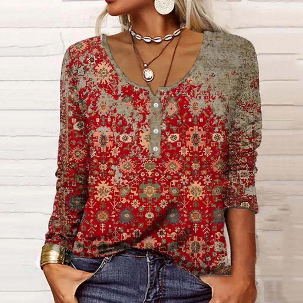 Ethnic Bohemian T-shirt Women's Autumn Winter V Neck Casual Vintage Long Sleeve TopsButton Printed Pullover New Shirt