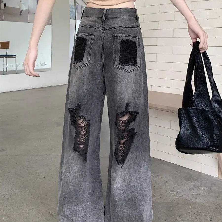 

American Retro Old Graffiti Ripped Jeans Women Spring Summer New Hot Girls Loose Slim Straight Trousers Wide-Leg Trousers