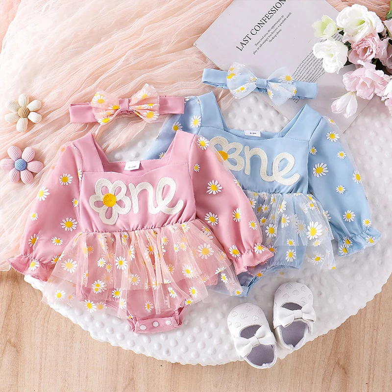 Baby Girl 1st Birthday Romper Dress Daisy Print Long Sleeve Sweetheart Neck Tulle Jumpsuit with Headband