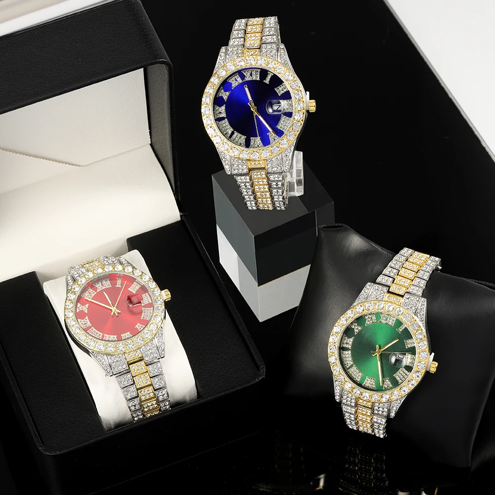 

1pc Men Women Quartz Watch Hip-hop Punk Inlay Diamonds Gold&Silver Watch Bundled Size Adjuster Stylish Party Jewelry Gift Box