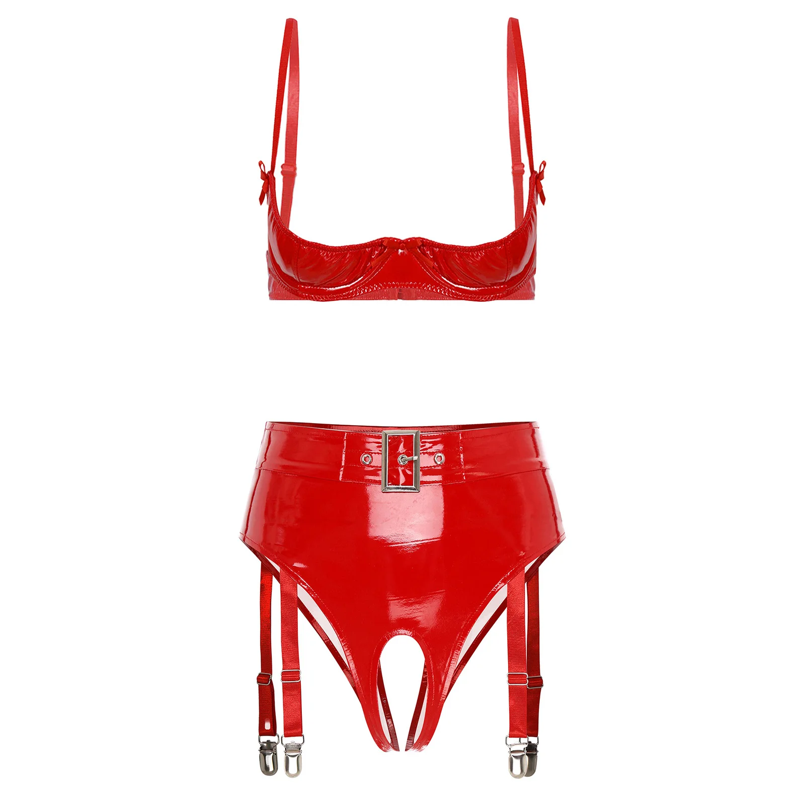 

Women Wet Look PU Leather Lingerie Set 1/4 Cup Push-up Underwire Bra Top and High Waist Open Crotch Underwear with Garter Clips