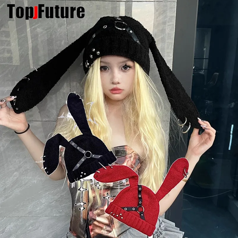 

Women Men Christmas Red Hat Harajuku Y2K Girls Long Rabbit Ear Gothic Streetwear Spike Metal Bunny Ear Caps steampunk Beanie Hat