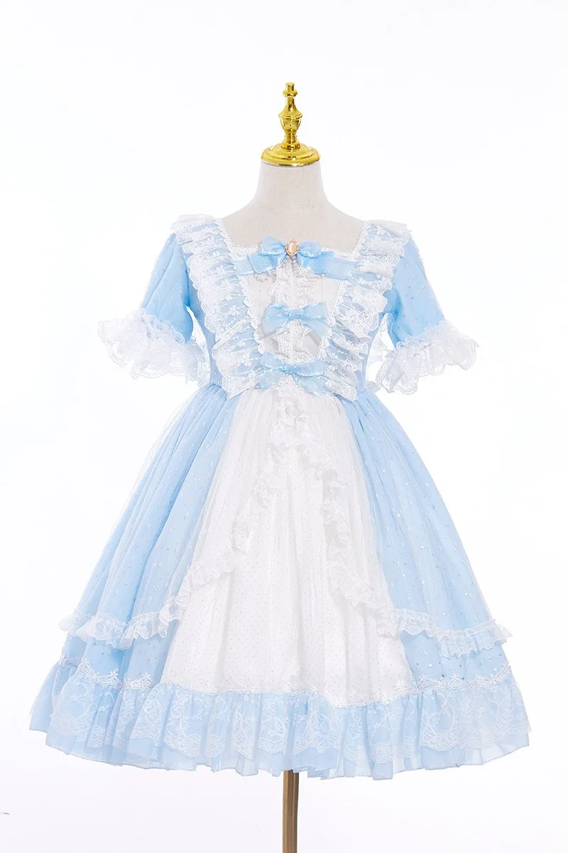 Francese romantico dolce stile Cosplay Lolita Op elegante ragazza Tea Party fiaba fantasia stella maglia pizzo arruffato manica a sbuffo vestito