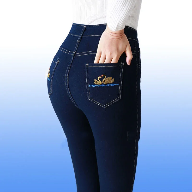 Casual High Waist Slim Straight Jeans Women Big Size 36 Skinny Vaqueros Mom 2024 Embroidered Denim Pants Vintage Cowboy Trousers