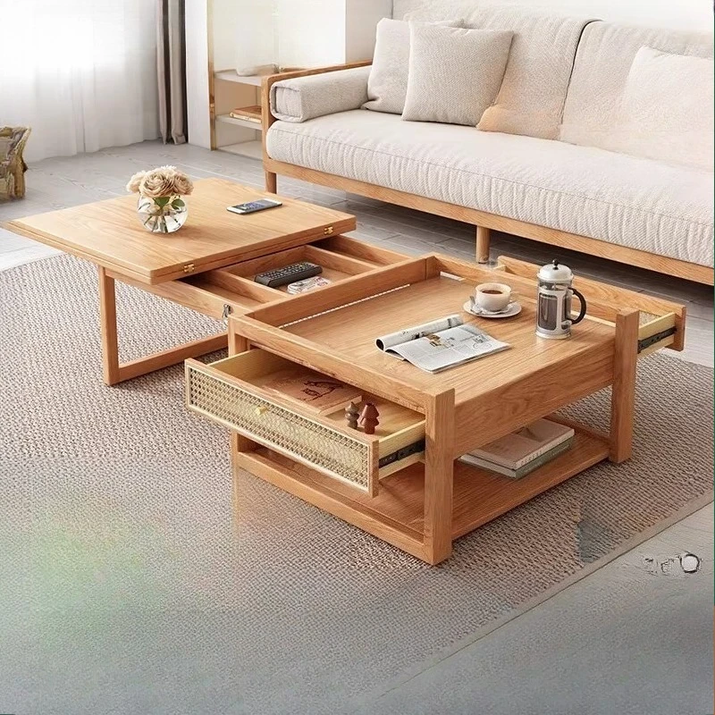 

Japanese-style simple log wind lift coffee table dining table integrated, small and medium-sized apartment all-solid wood coffee