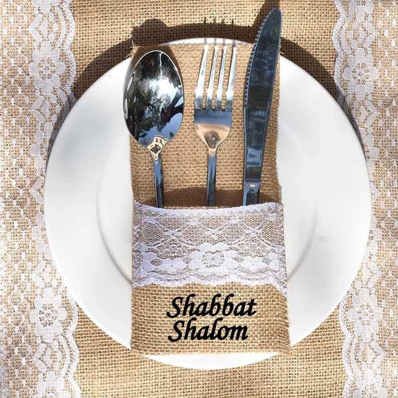 5pcs Shabbat Shalom Cutlery Napkin Holder Pouch Bags Jewish judaica Hebrew Sabbath Dinner home decoration Hostess wife mom Gift