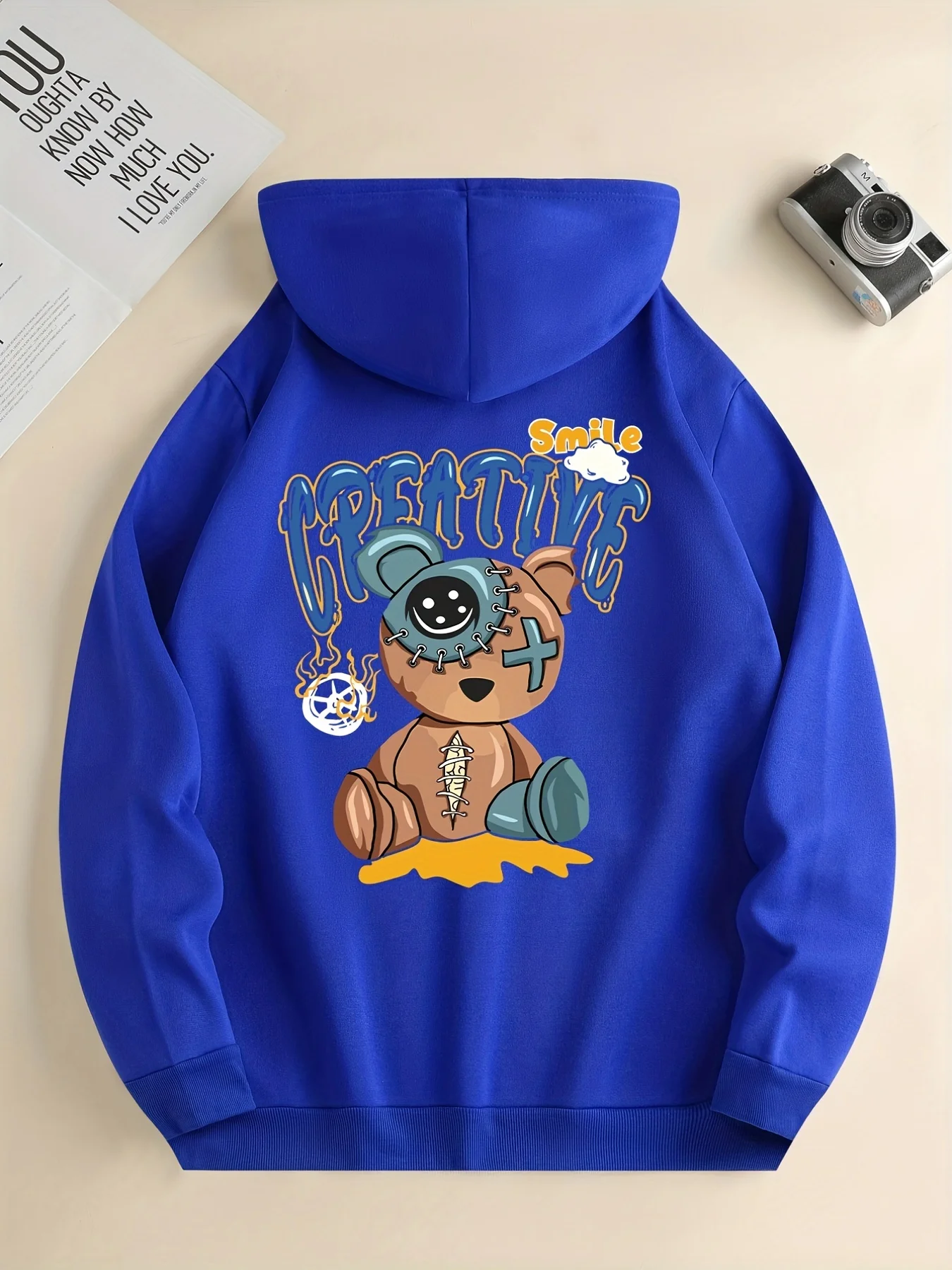 Creative Smile Bear Printed Hoodies Fashion Street Women Sweatshirts Crewneck Loose Pullover Fleece Warm Female Tops Clothes