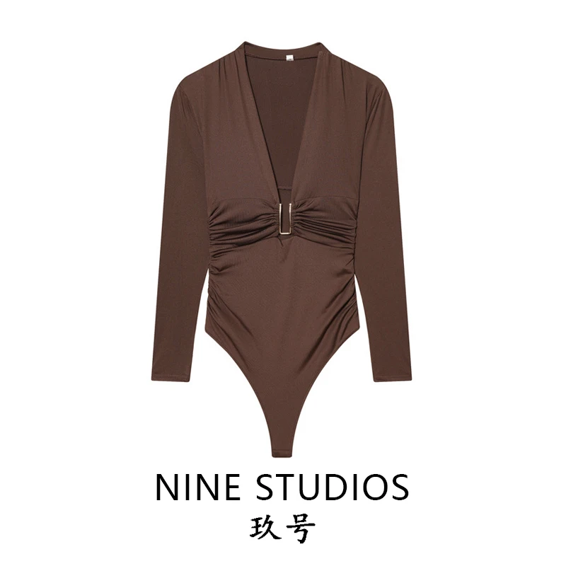 

NINE ZAR Women's Sexy Slim Fit Nylon One-Piece V-Ne Pleated Design Commute Straight Tube High Waist ort Pants Suit