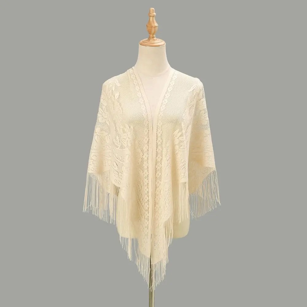 Party Dinner Top Scarf Shawls Tassel Patchwork V-Neck Cardigans Women Vintage Shawl Mesh Cloak Capelet Fringes