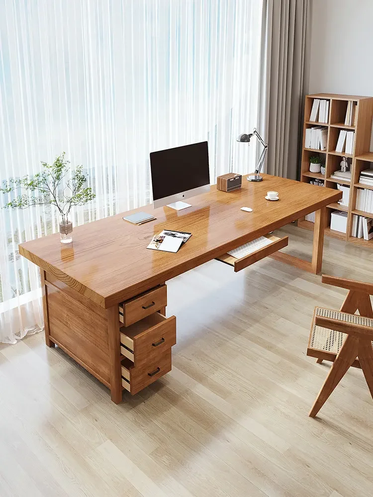 All solid wood computer desk large board table study desk writing table calligraphy table with chest of drawers whole board desk