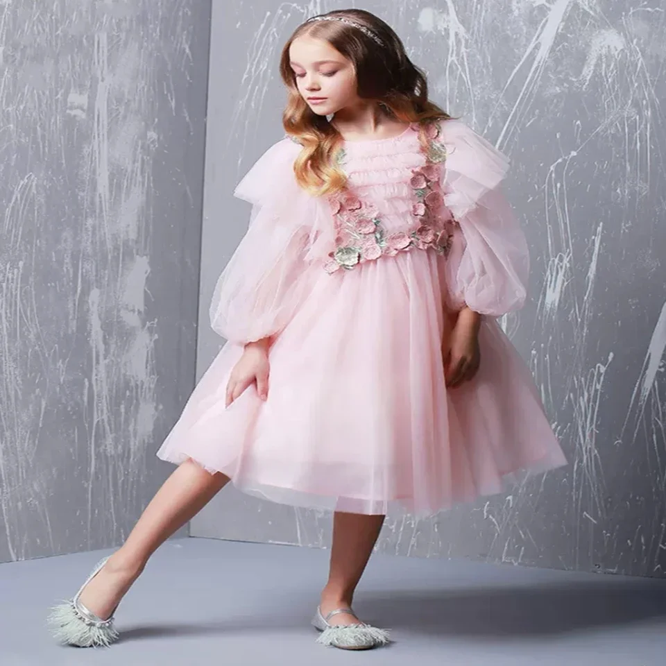 Robe à fleurs pour filles, manches personnalisées, pour mariage, col rond, robe de bal, princesse, première Communion, fête d'anniversaire, vêtements de concours