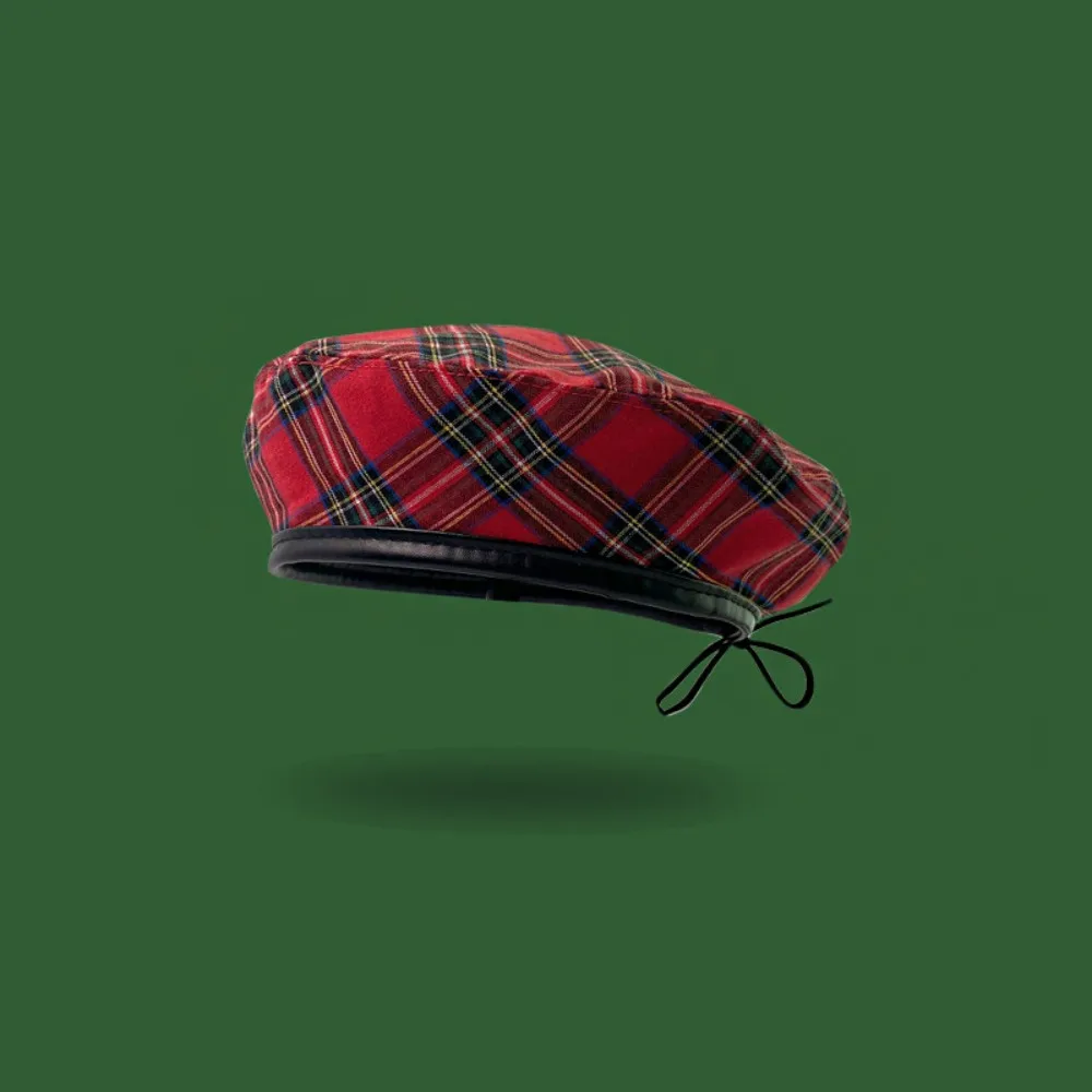 Cute British Style Tartan Plaid Beret Y2K Drawstring Newsboy Cap Korean Retro Octagonal Hat Autumn