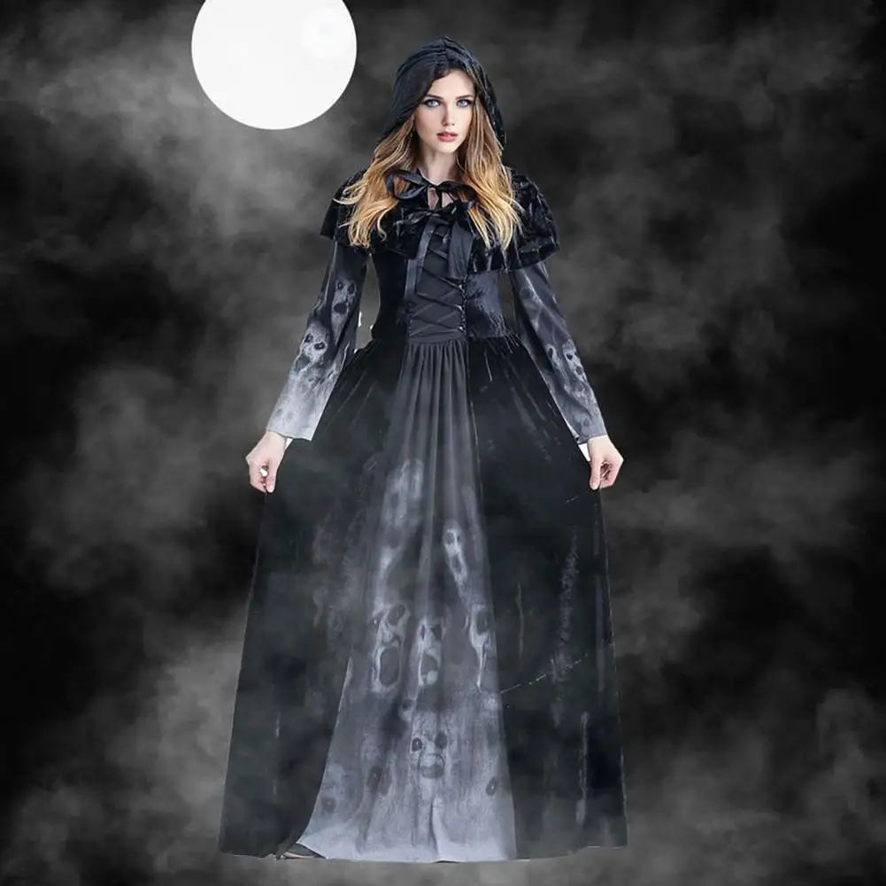 Halloween Death God Costume Female Grim Reaper Outfit Halloween Witch Queen Costume Set Skull Print Dark Style for Women’s