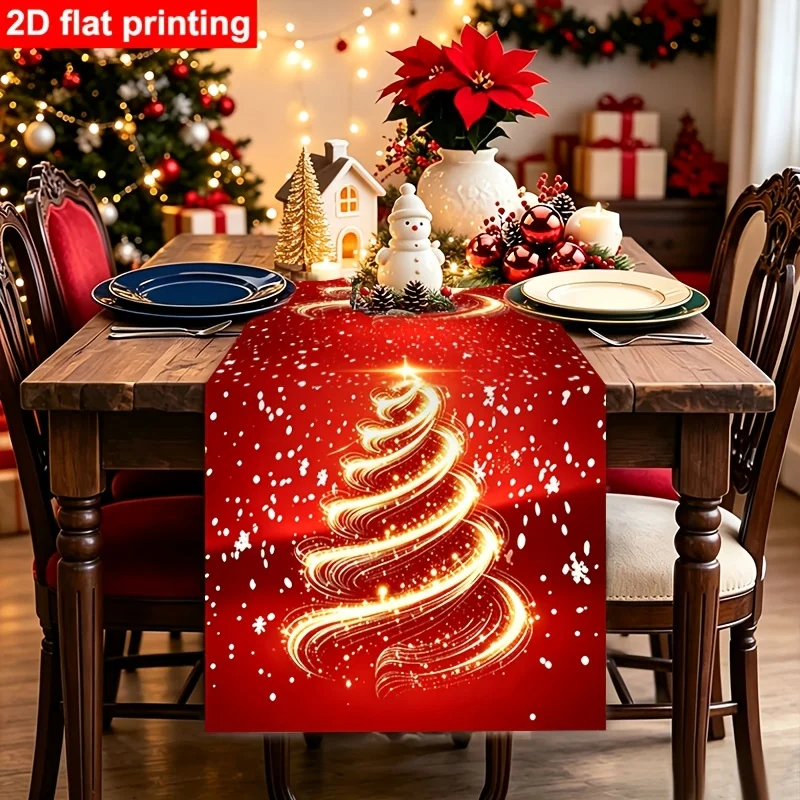 VIKAMA Christmas Table Runner Red Golden Xmas Tree Snowflake Decorative Washable Polyester Kitchen Dining Holiday Centerpiece