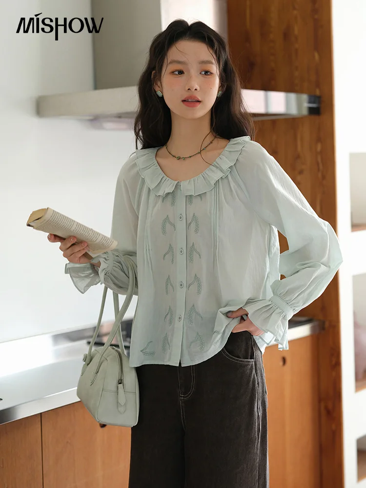 

MISHOW Wheat Spike Embroidery 100 Cotton Shirts for Women Autumn 2025 Ruffle Edge Round Neck Shirt Sweet Loose Tops MXE42X1970