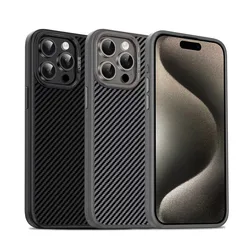 For iPhone 15 Pro Max Case Good Quality Kevlar Carbon Fiber Pattern Hard PC Metal Camera Protection Phone Cover