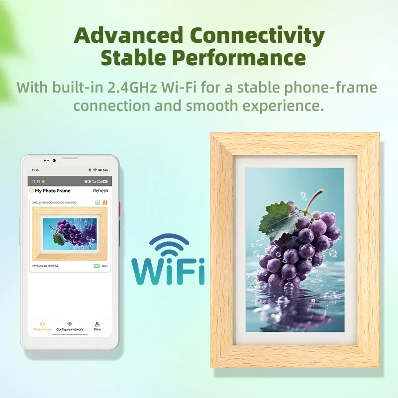 Hindetel 7.13 Inch WiFi Digital Color E-ink Picture Frame Wall Mount Wooden Frame for Family Gift Remote Update