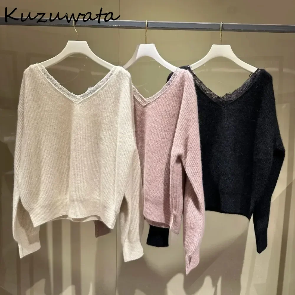 Kuzuwata Moda Sweet V Neck Long Sleeve Lace Knitted Patchwork Loose All-match Knit Top Japan Pullover Literary French Pull Femme