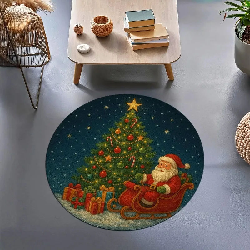 Runder Weihnachtsteppich, Weihnachtsmann-Rutsche und Baumdruck, festlicher Urlaub, dekorativer Teppich, Bodenmatte für Weihnachtsteppich unter dem Baum