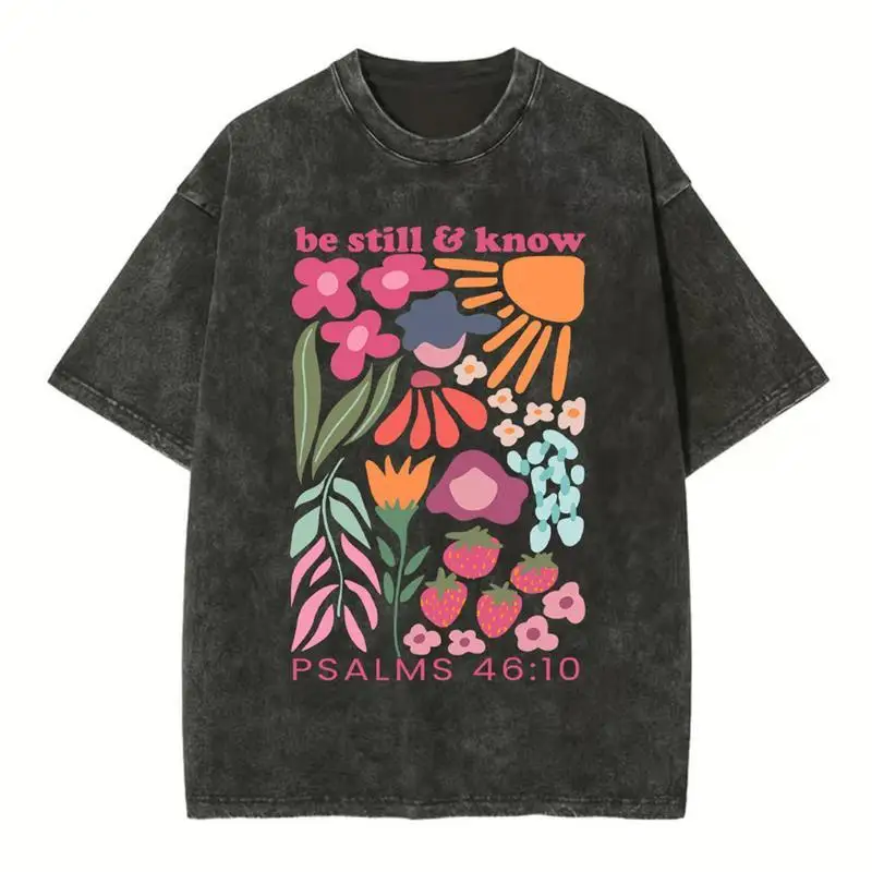 

Be Still & Know T-Shirt Psalms 46:10 Bible Verse Floral Graphic Tee Vintage Oversized Faith Top for Prayer, Worship or Gift