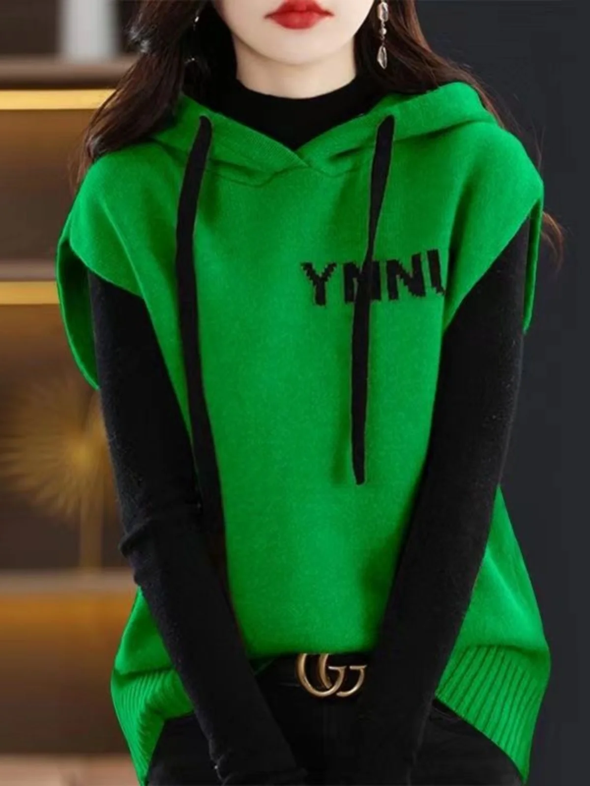 Trendy Hooded Knitwear Women's Vest Base Shirt Large Size Versatile Mom's Top Fashionable Autumn Season Polyester Fiber